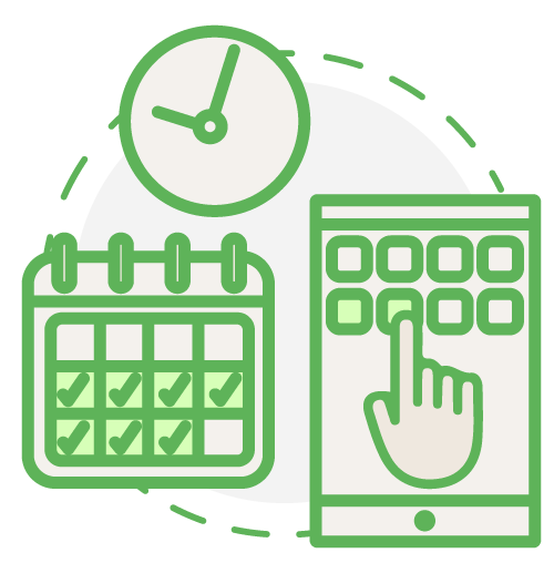 Grafik Gesprächstermin mit Kalender-Icon, Uhr-Icon und Handy-Icon